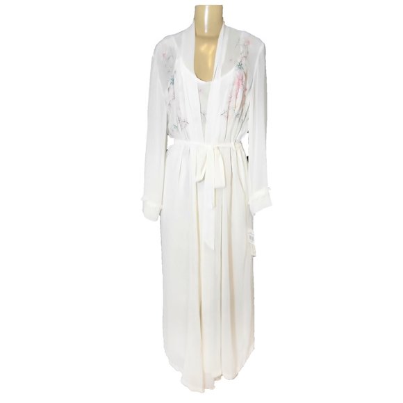 💕 New Vintage White Floral Embroidered Linea Donatella Slip Chemise & Robe Set - Picture 1 of 15